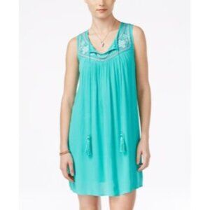 As U Wish Junior’s Embroidered Rayon Gauze Shift Dress, Aqua, XS